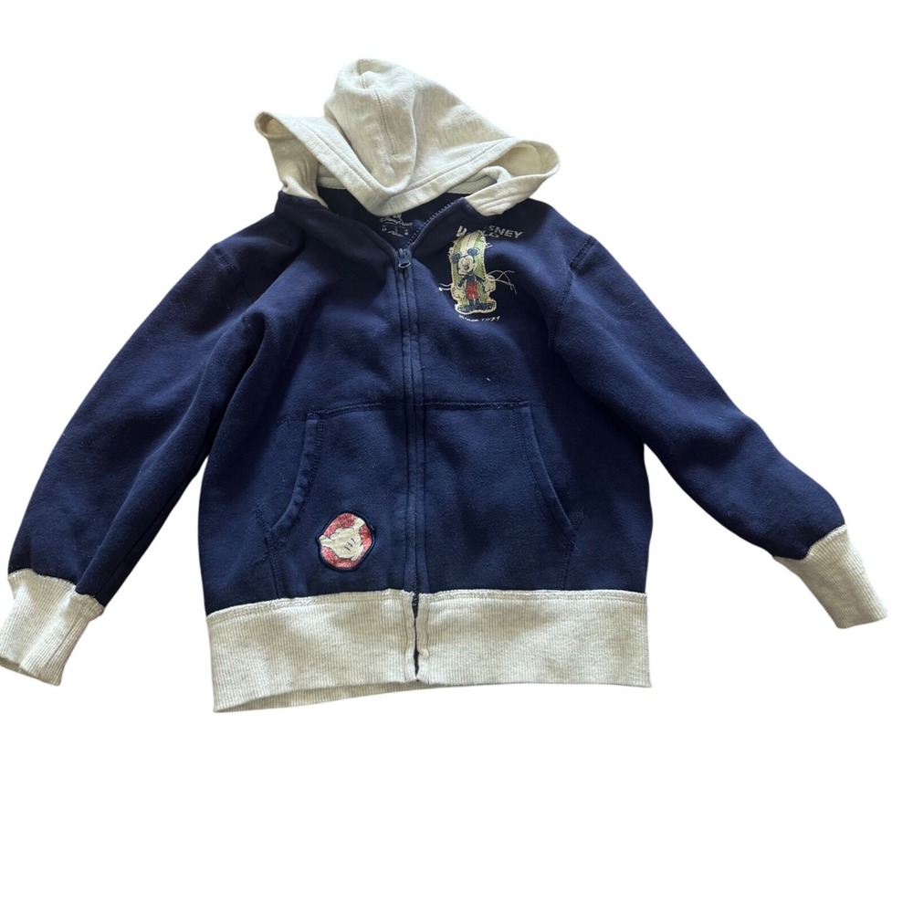 Disney Parks Kids Zip Up Hoodie S 8 Navy Cream, Embroidered Graphic, Cozy Fleece